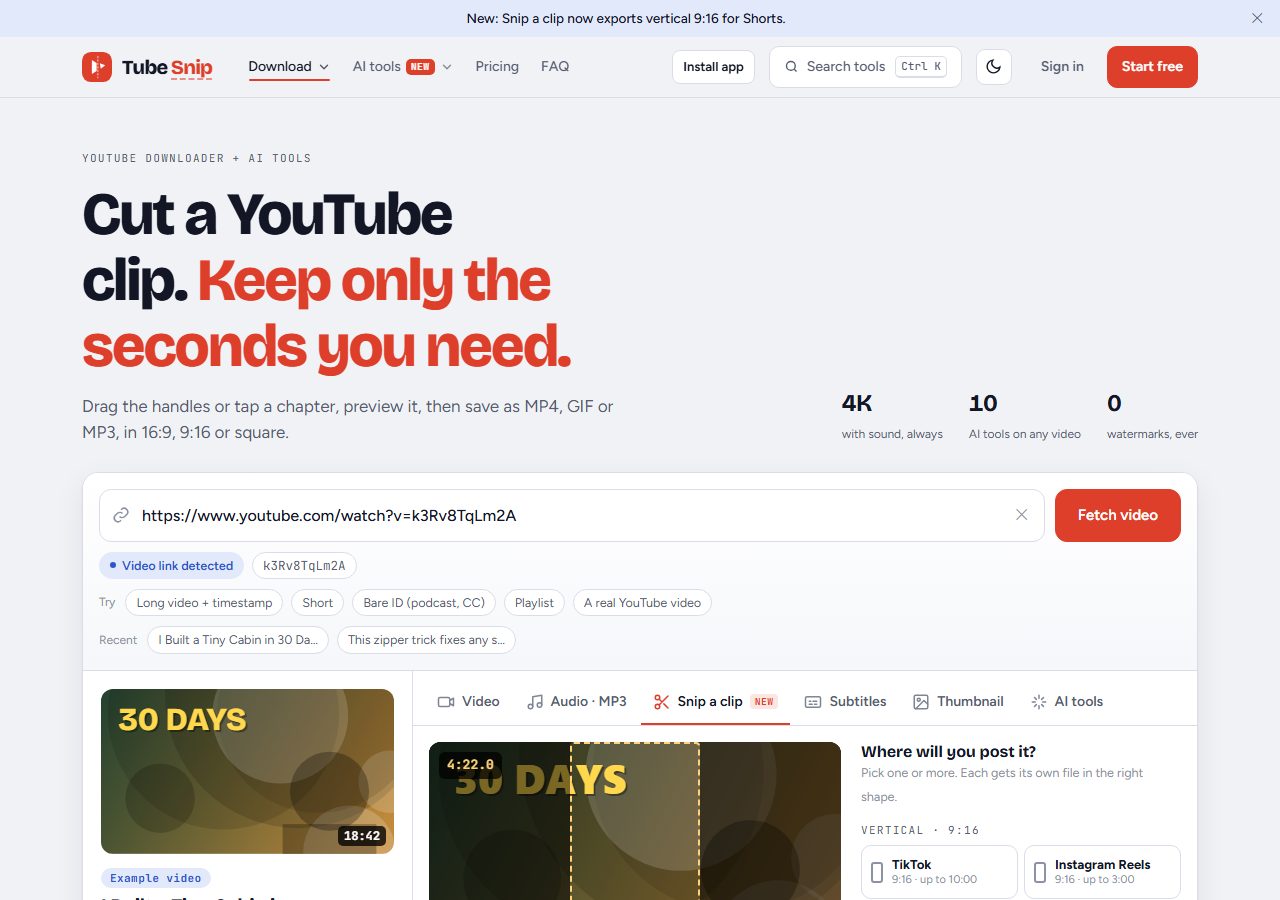 Tube Snip clip cutter with a YouTube link pasted and the Snip a clip tab open