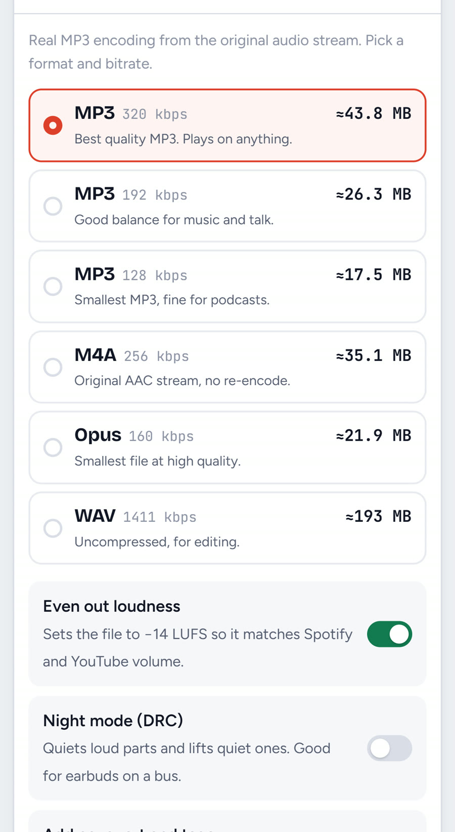Audio formats on iPhone: MP3 320, 192 and 128 kbps, M4A, Opus and WAV with file sizes