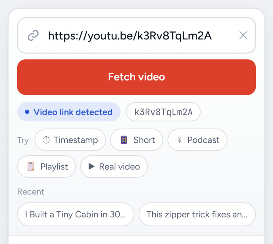 Tube Snip in Safari on iPhone with a YouTube link pasted and the Fetch video button