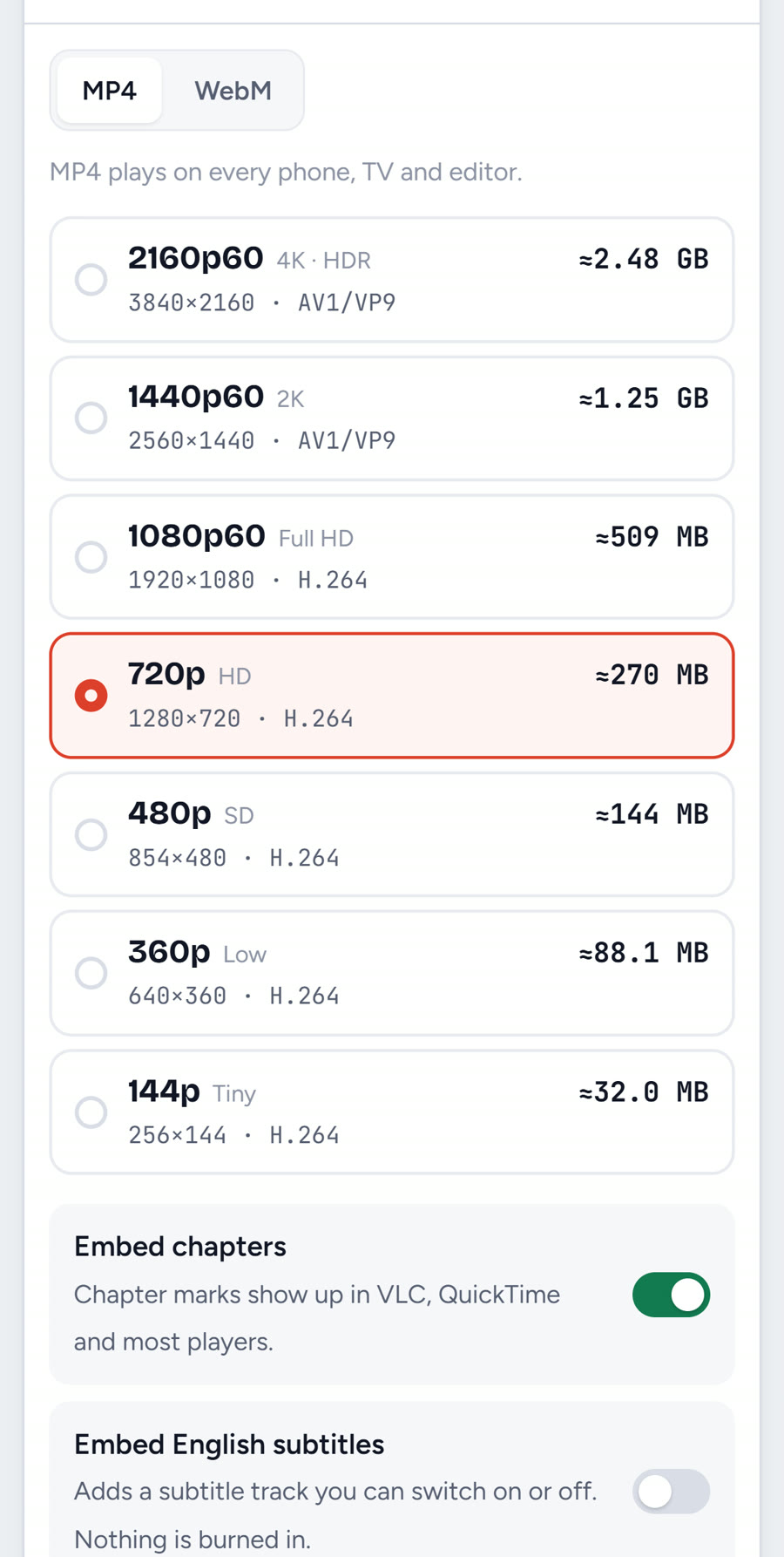 Quality list on iPhone with MP4 selected, sizes from 2160p 2.48 GB to 144p 32 MB, and 720p picked
